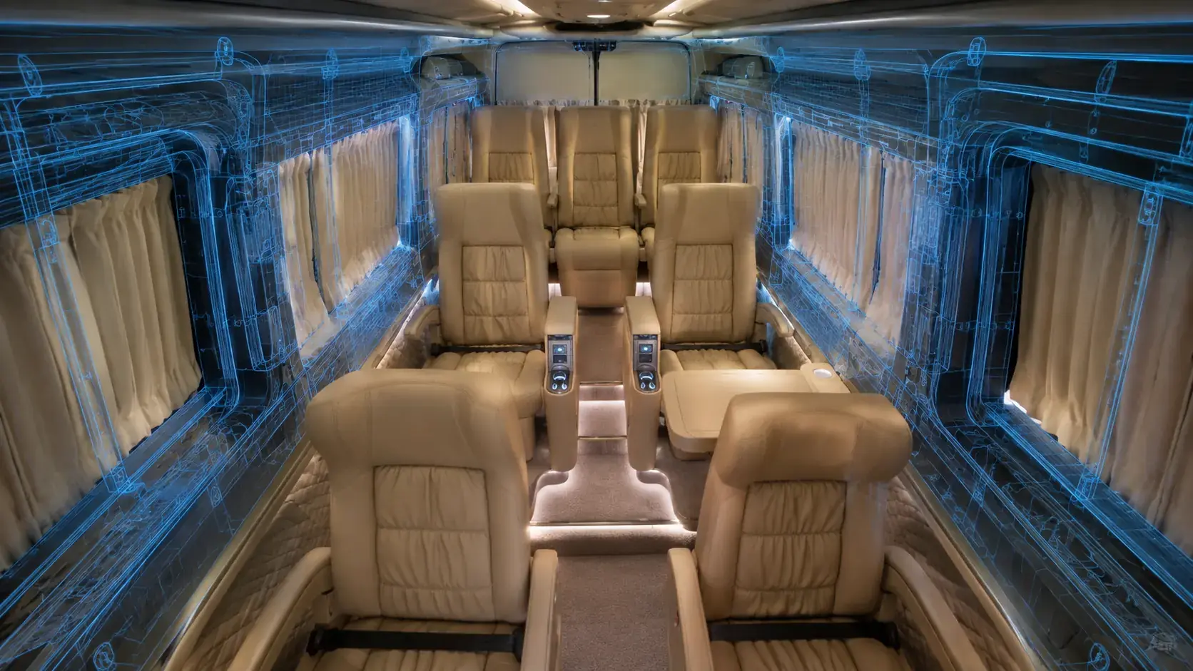 Interior executivo de minivan blindada com poltronas em couro