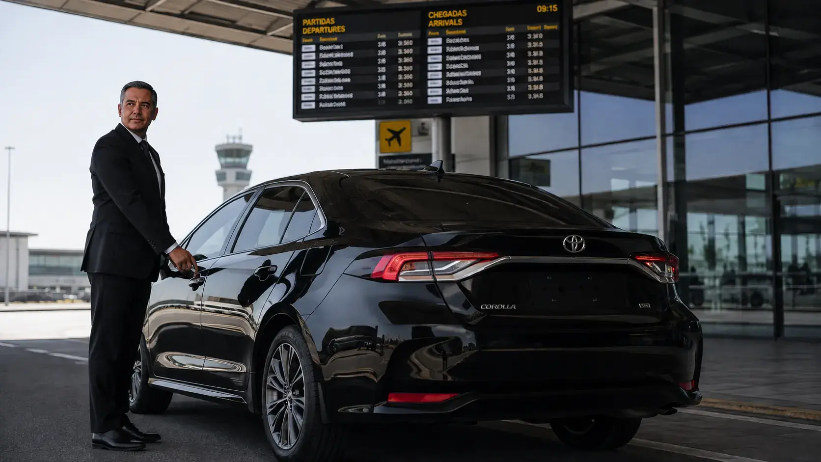 Motorista Kyoodai ao lado de sedan executivo preto no aeroporto
