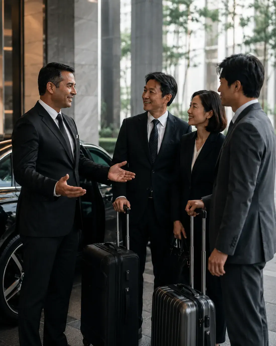Motorista da Kyoodai recepcionando executivos com bagagem na entrada de um hotel