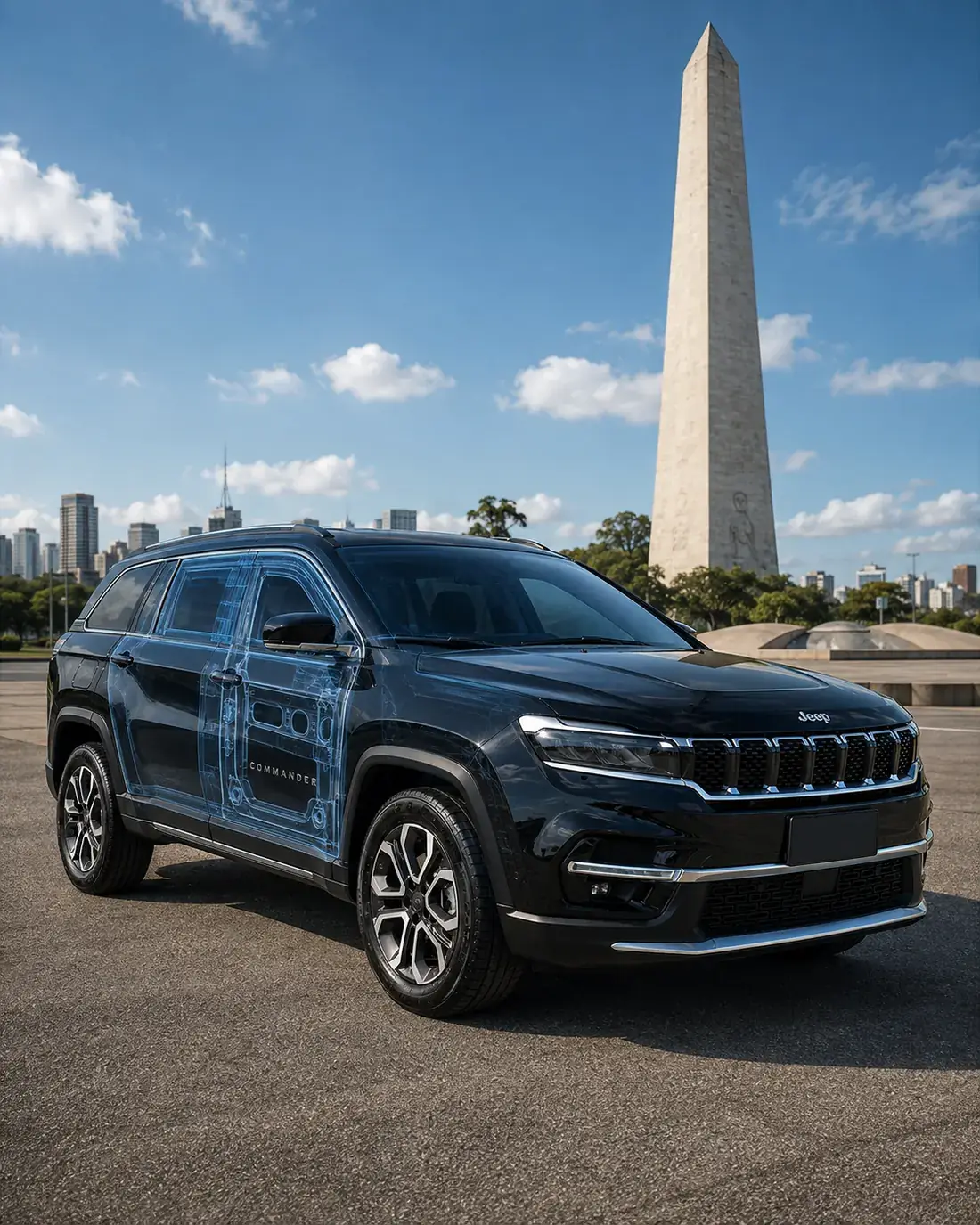 SUV blindado nível III-A com o esquema da blindagem em destaque