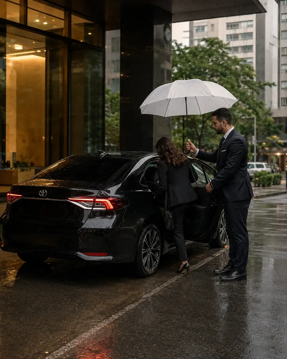 Motorista da Kyoodai abre a porta do sedan executivo e protege a passageira com guarda-chuva na chegada a um hotel